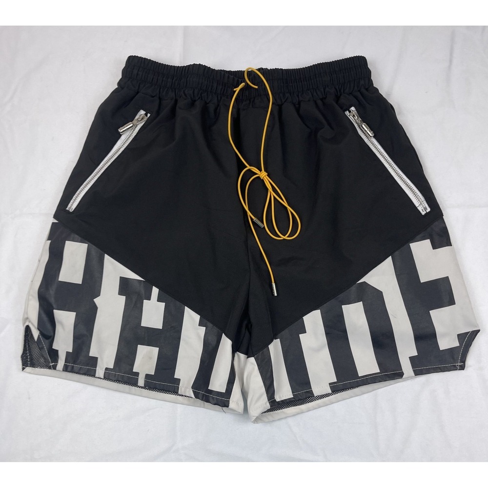 RHUDE MENS BLACK WHITE LOGO SWIM TRUNK BOARD SHORTS MESH LINED ELASTIC WAIST MED